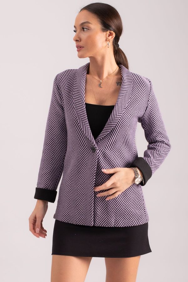 armonika armonika Women's Lilac Herringbone Pattern Fold Sleeve Single Button Cachet Jacket