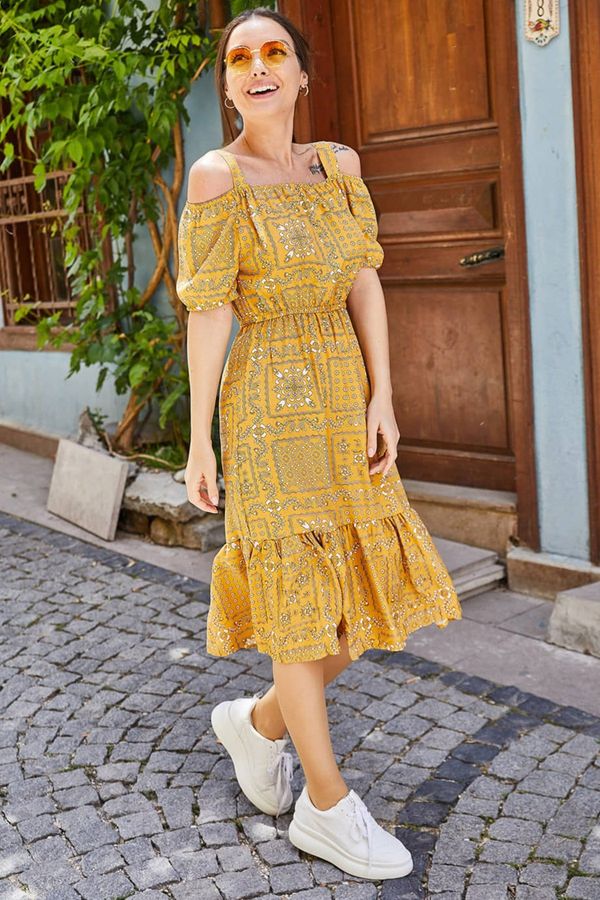 armonika armonika Women's Mustard Checkered Floral Patterned Strapless Elastic Waist Dress