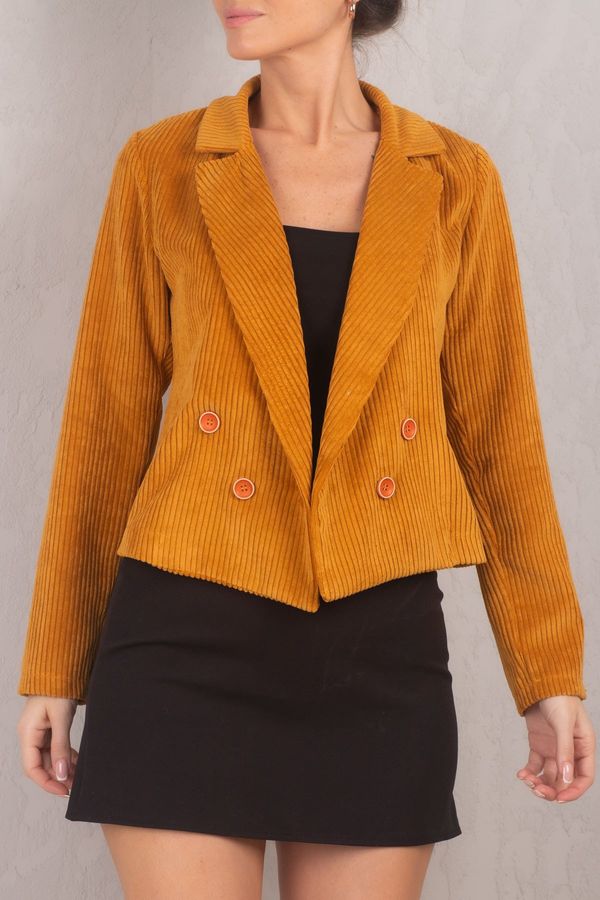 armonika armonika Women's Mustard Double Breasted Collar Velvet Crop Jacket