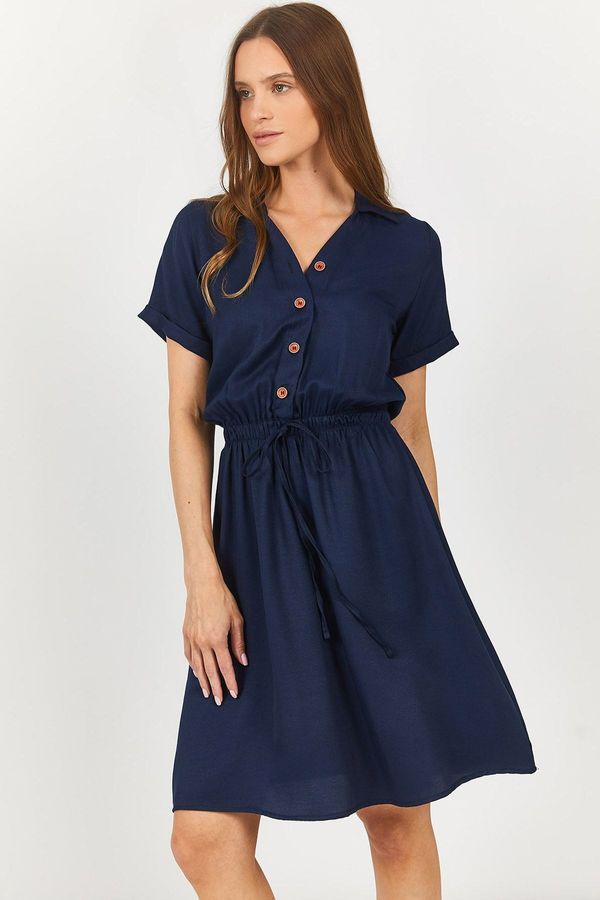 armonika armonika Women's Navy Blue Elastic Waist Short Sleeve Shirt Dress