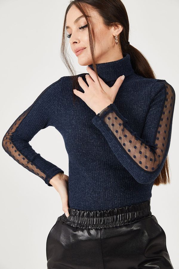 armonika armonika Women's Navy Blue Neck Sleeve Lace Detail Knitwear Sweater