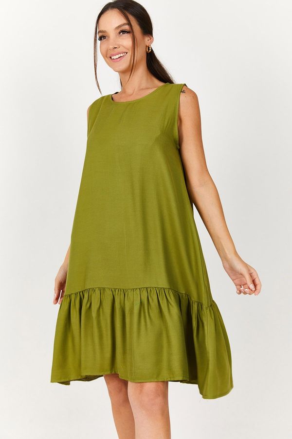 armonika armonika Women's Oil Green Sleeveless Skirt with Ruffled Ruffle Dress