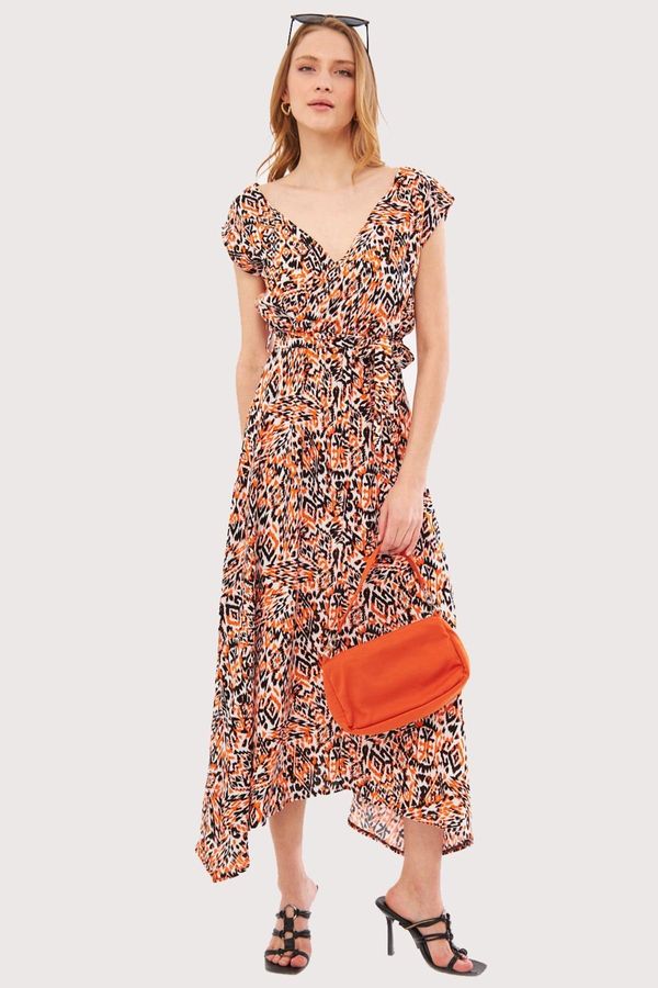 armonika armonika Women's Orange Efta Dress Back And Front Double Double Breasted Belted Patterned Midi Length