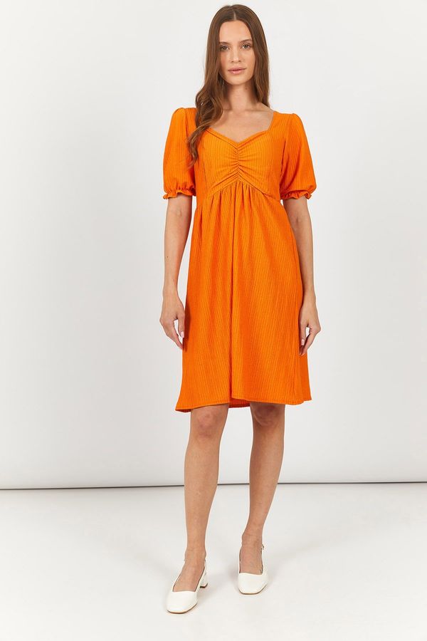 armonika armonika Women's Orange Front Gathered Elastic Sleeve Midi Length Dress