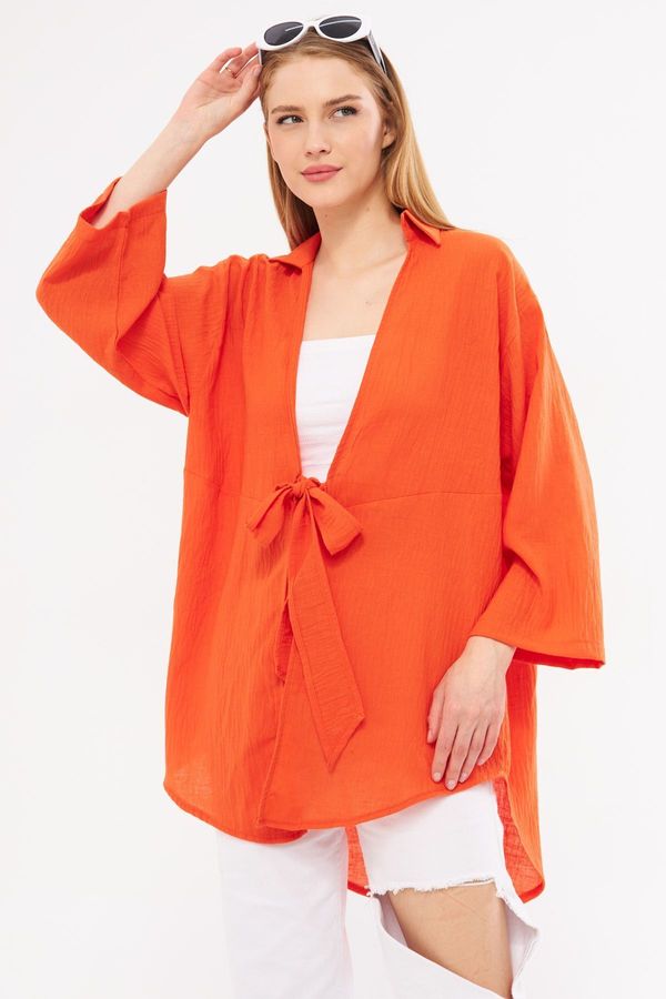 armonika armonika Women's Orange Linen Look Front Tie Kimono Shirt