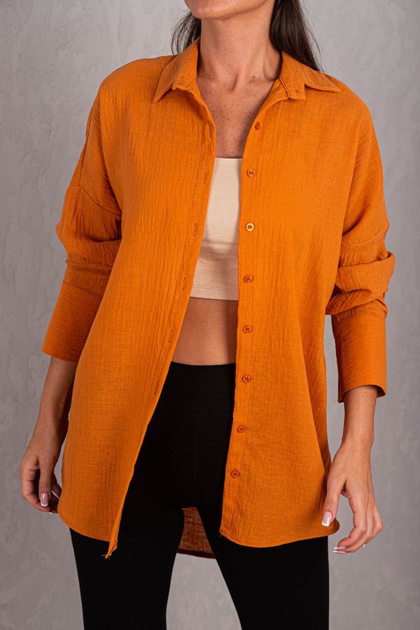 armonika armonika Women's Orange Oversize Textured Linen Look Wide Cuff Shirt