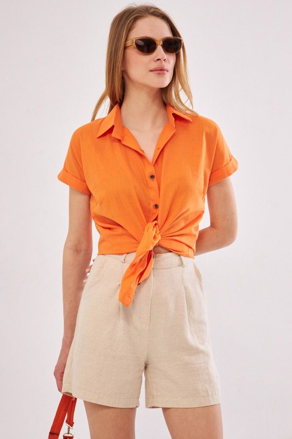 armonika armonika Women's Orange Short Sleeve Linen Shirt