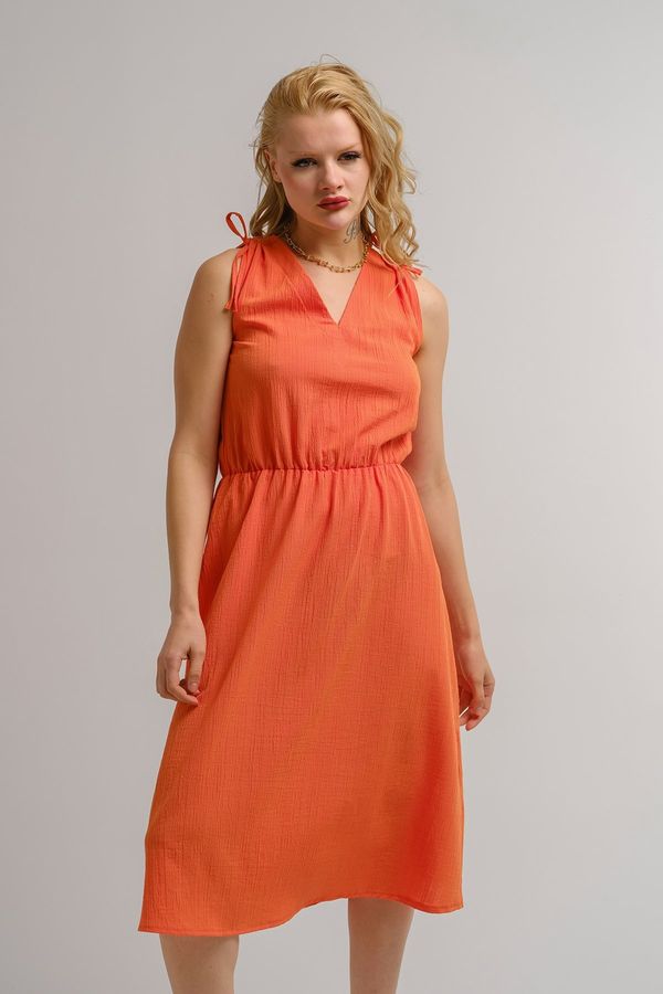 armonika armonika Women's Orange Tie Shoulder V-Neck Elastic Waist Short Sleeveless Dress