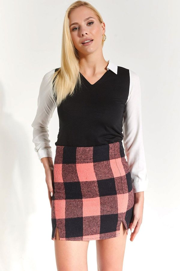 armonika armonika Women's Pink Plaid Pattern Stitched Slit Mini Skirt
