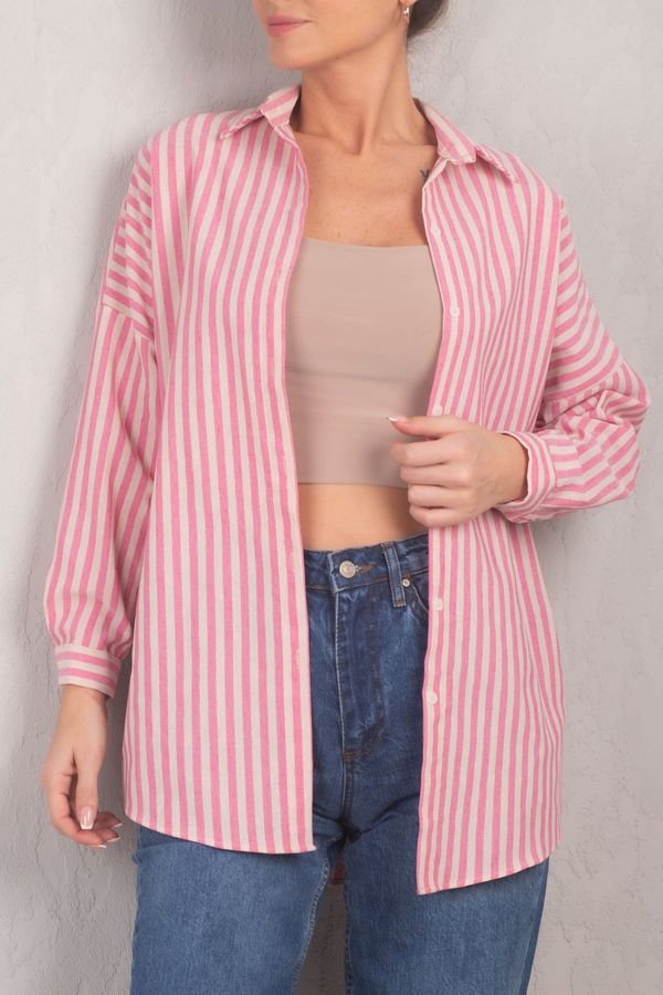 armonika armonika Women's Pink Striped Oversize Long Basic Shirt