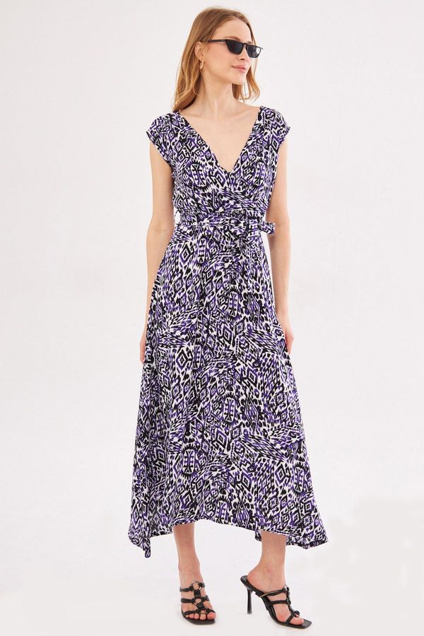 armonika armonika Women's Purple Efta Dress Back And Front Double Double Breasted Belted Patterned Midi Length
