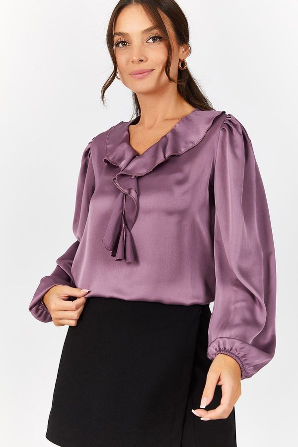 armonika armonika Women's Purple Satin Blouse with Frilled Collar on the Shoulders and Elasticated Sleeves