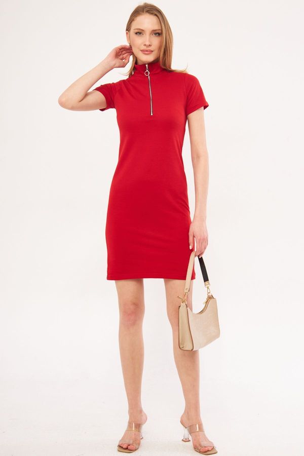 armonika armonika Women's Red Collar Zippered Body-Fitting Above Knee Short Sleeve Dress