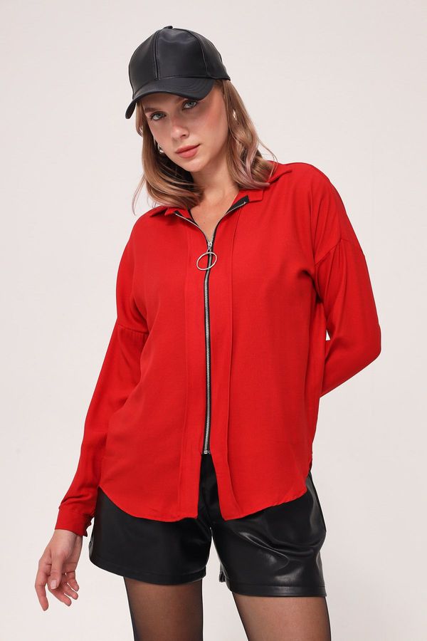 armonika armonika Women's Red Front Zipper Loose Shirt