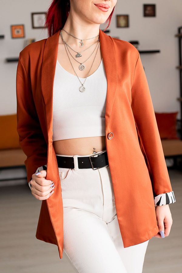 armonika armonika Women's Tile Sleeve Leopard Patterned Single Button Jacket