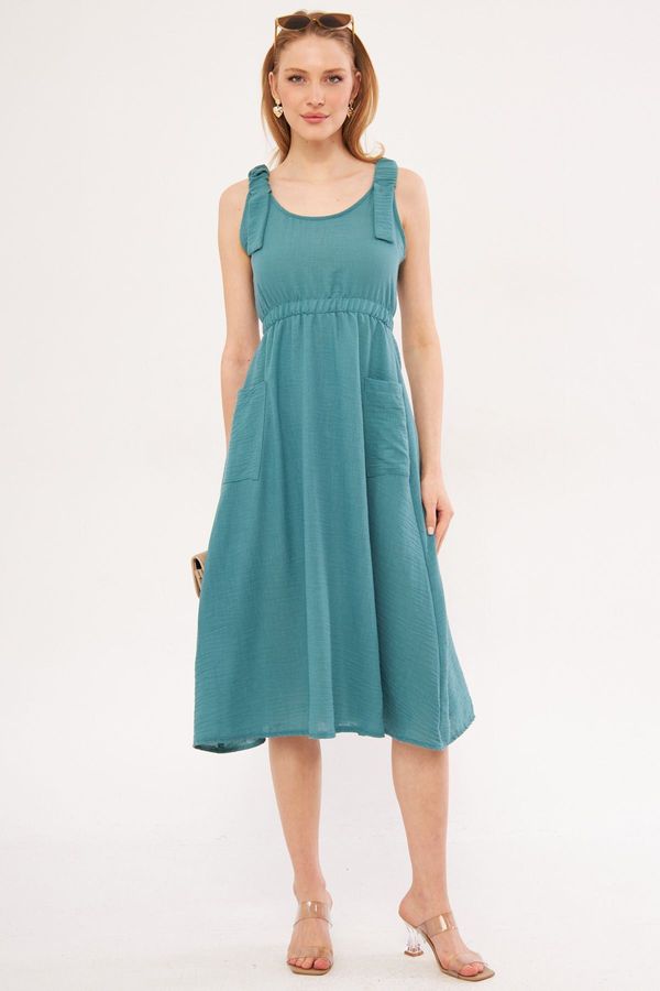 armonika armonika Women's Turquoise Dekatria Dress with Elastic Waist and Straps and Pockets Linen Look Midi Size