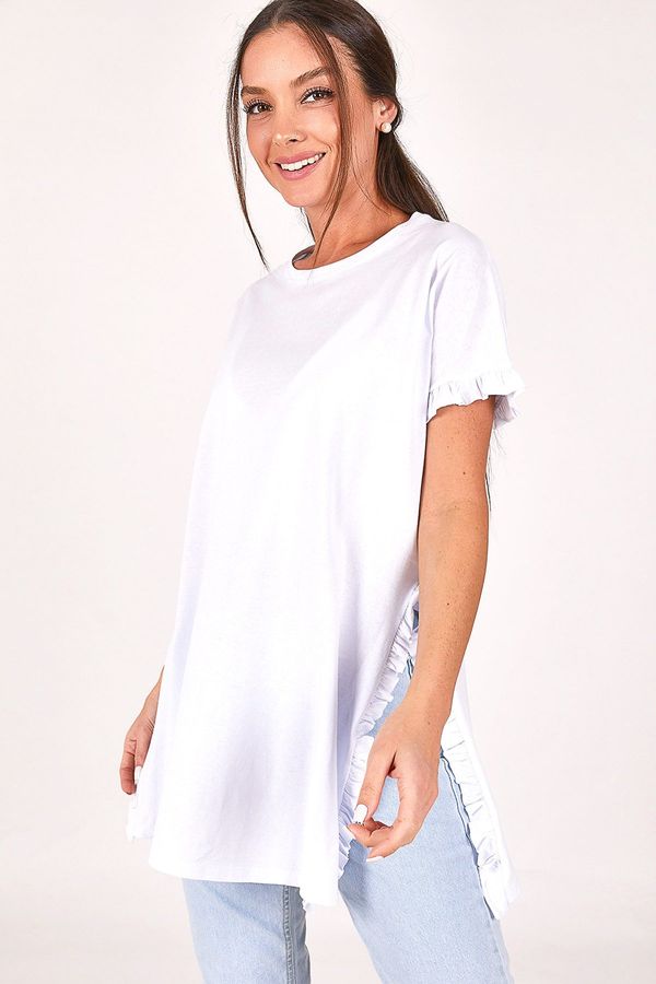 armonika armonika Women's White Ruffled Sleeves And Sides Oversize T-shirt