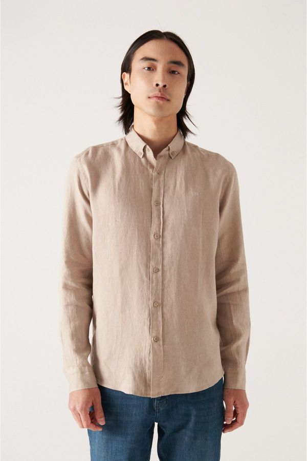 Avva Avva Men&#39;s Mink Button Collar Comfort Fit Relaxed Cut 100% Linen Shirt