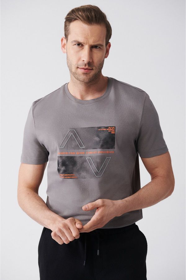 Avva Avva Men's Anthracite 100% Cotton Crew Neck Front Printed Standard Fit Regular Cut T-shirt