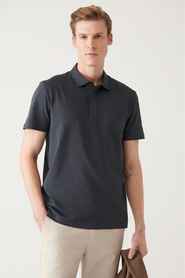 Avva Avva Men's Anthracite 100% Cotton Knitted Regular Fit 3 Snaps Polo Neck T-shirt