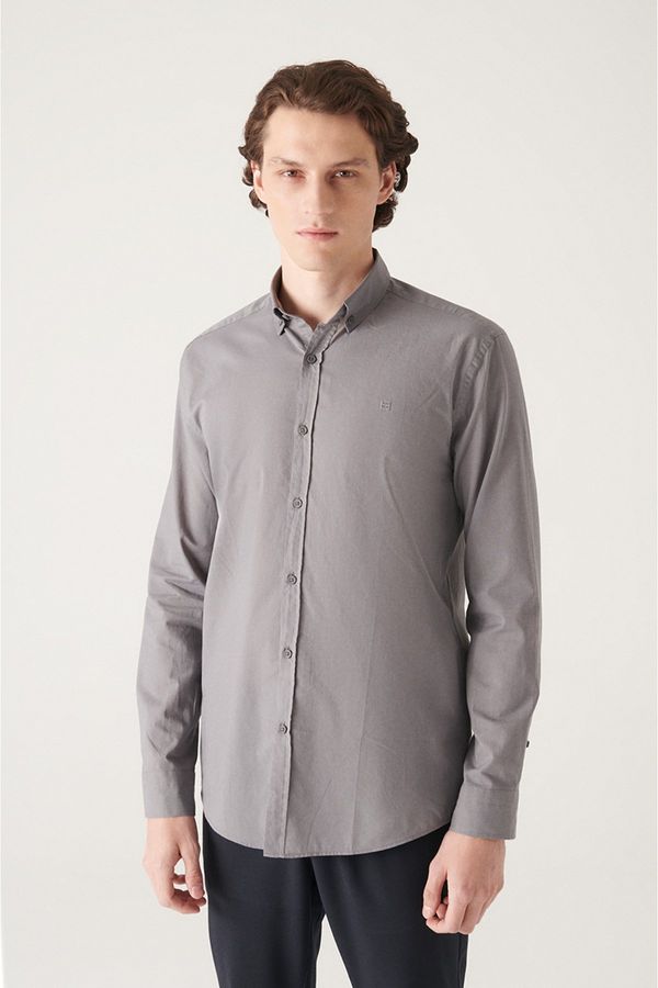 Avva Avva Men's Anthracite 100% Cotton Thin Soft Touch Buttoned Collar Long Sleeve Regular Fit Shirt