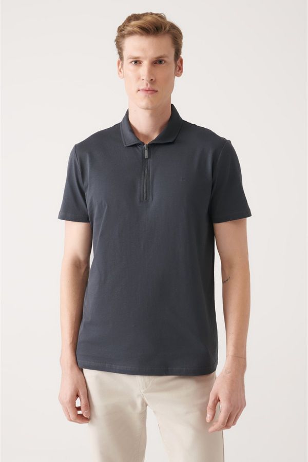Avva Avva Men's Anthracite 100% Cotton Zippered Regular Fit Polo Neck T-shirt