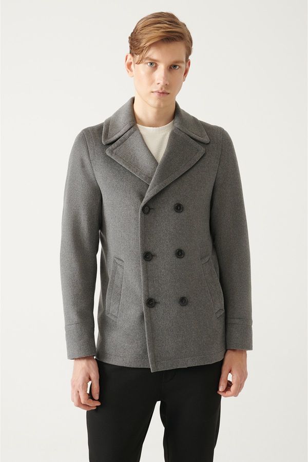 Avva Avva Men's Anthracite Double Breasted Collar Woolen Cachet Comfort Fit Relaxed Cut Coat