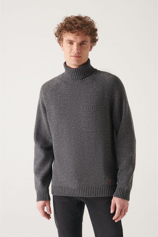 Avva Avva Men's Anthracite Full Turtleneck Raglan Sleeves Pocket Detailed Comfort Fit Comfortable Cut Woolen Sweater