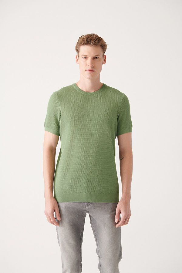 Avva Avva Men's Aqua Green Crew Neck Textured Ribbed Regular Fit Knitwear T-shirt