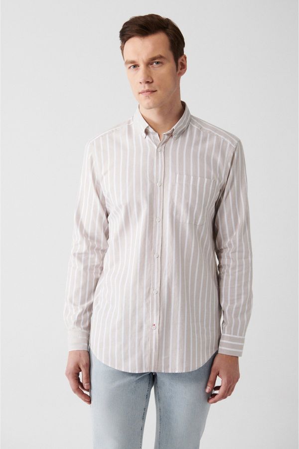 Avva Avva Men's Beige 100% Cotton Oxford Buttoned Collar Striped Regular Fit Shirt