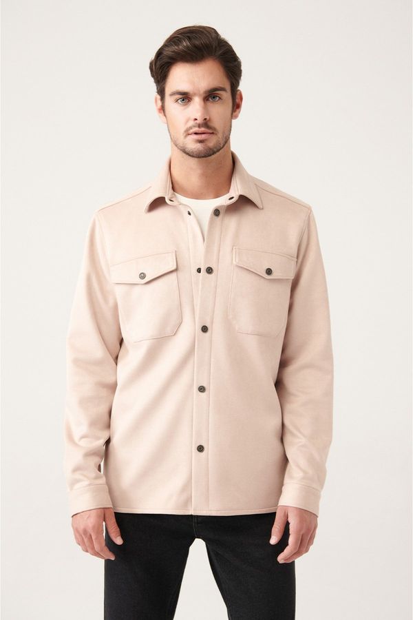 Avva Avva Men's Beige Classic Collar Suede Textured Pockets Standard Fit Shirt