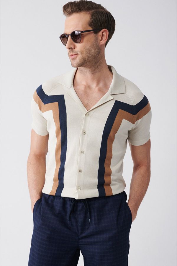 Avva Avva Men's Beige Cuban Collar Color Block Buttoned Regular Fit Knitwear T-shirt