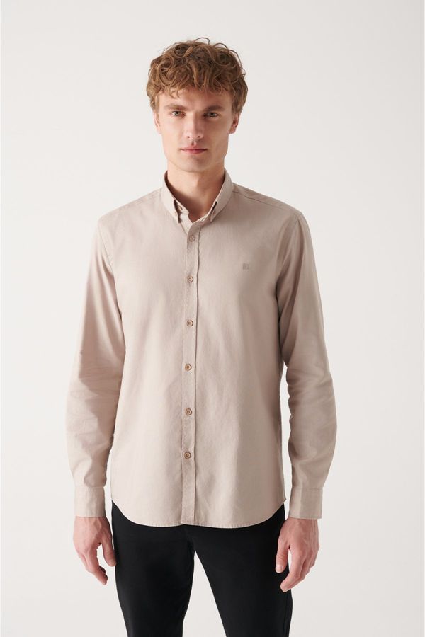 Avva Avva Men's Beige Oxford 100% Cotton Buttoned Collar Standard Fit Regular Cut Shirt