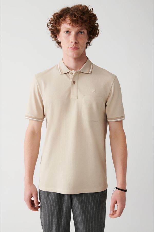 Avva Avva Men's Beige Roll Up Collar Regular Fit 2 Button Polo Neck T-shirt with Pocket