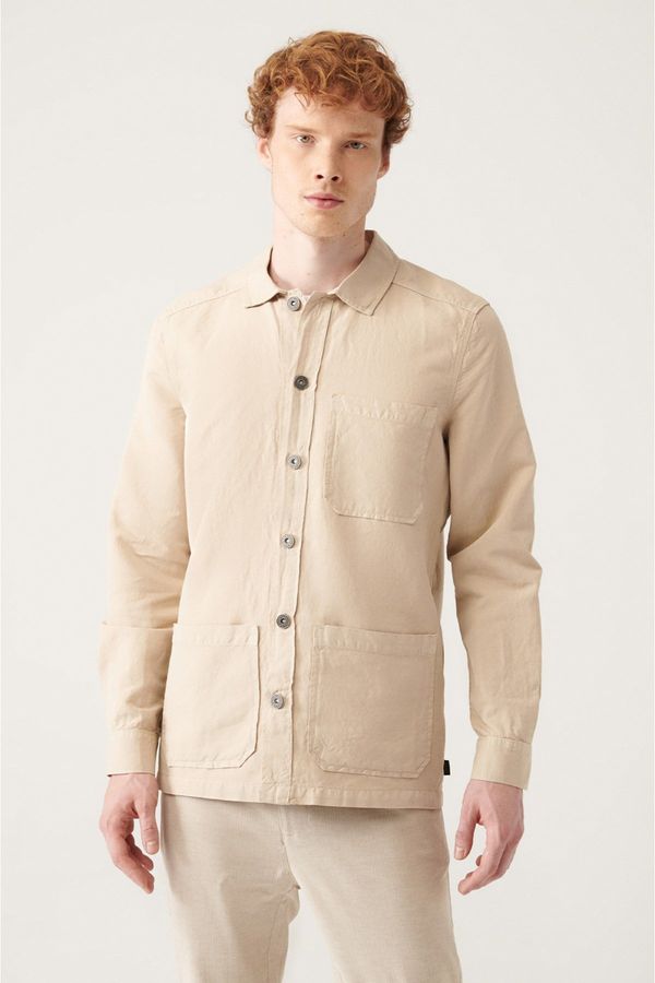 Avva Avva Men's Beige Straight Three Pocket Linen Jacket Shirt