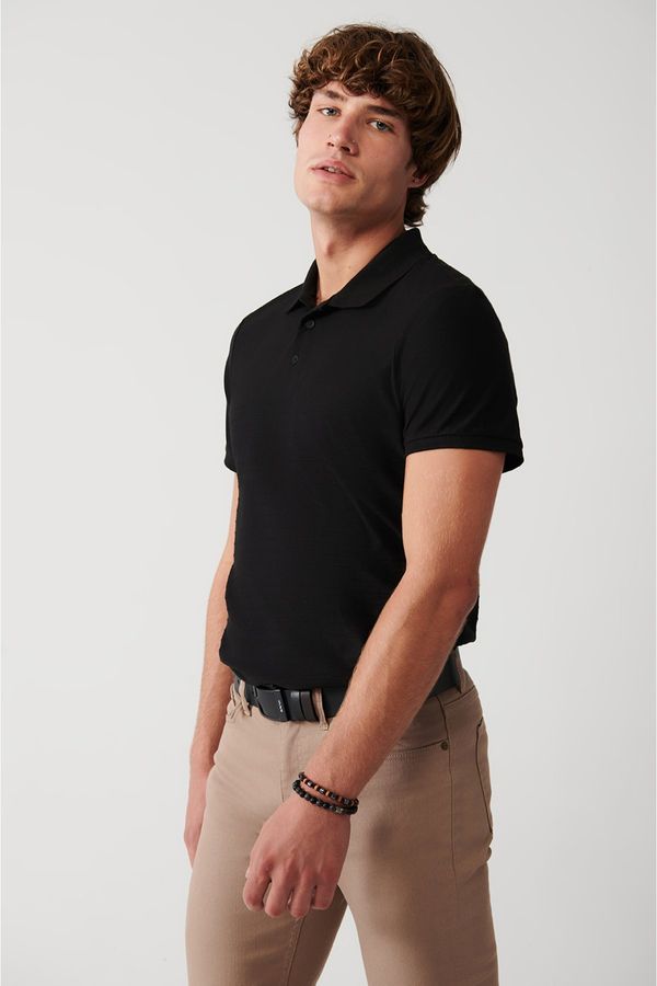 Avva Avva Men's Black 100% Cotton Jacquard Polo Collar Standard Fit Regular Cut T-shirt