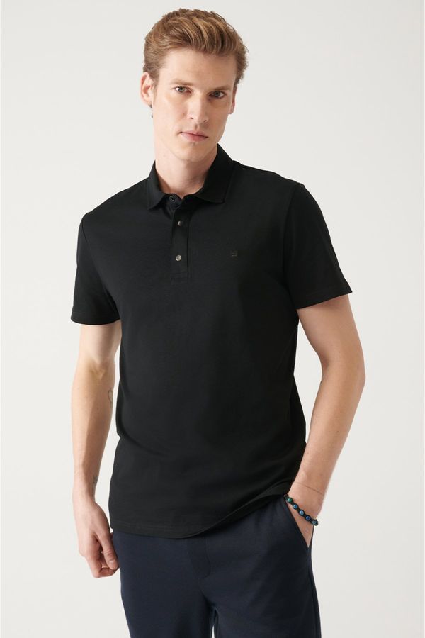 Avva Avva Men's Black 100% Cotton Knitted Regular Fit 3 Snaps Polo Neck T-shirt