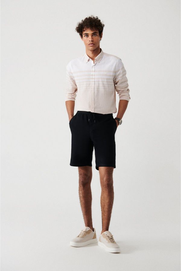 Avva Avva Men's Black 100% Cotton Side Pocket Elastic Waist Linen Textured Relaxed Fit Comfortable Cut Shorts