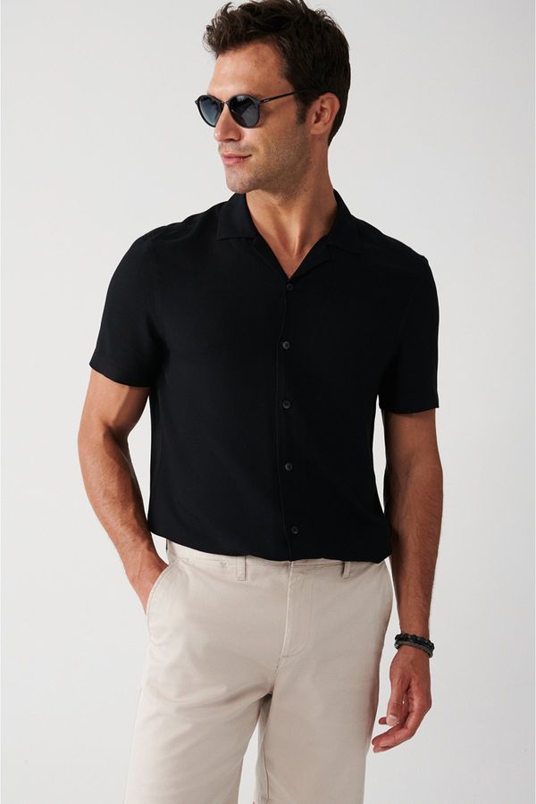 Avva Avva Men's Black 100% Viscose Open Collar Short Sleeve Standard Fit Regular Cut Shirt
