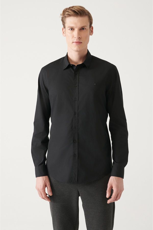 Avva Avva Men's Black Buttoned Collar 100% Cotton Slim Fit Slim Fit Shirt