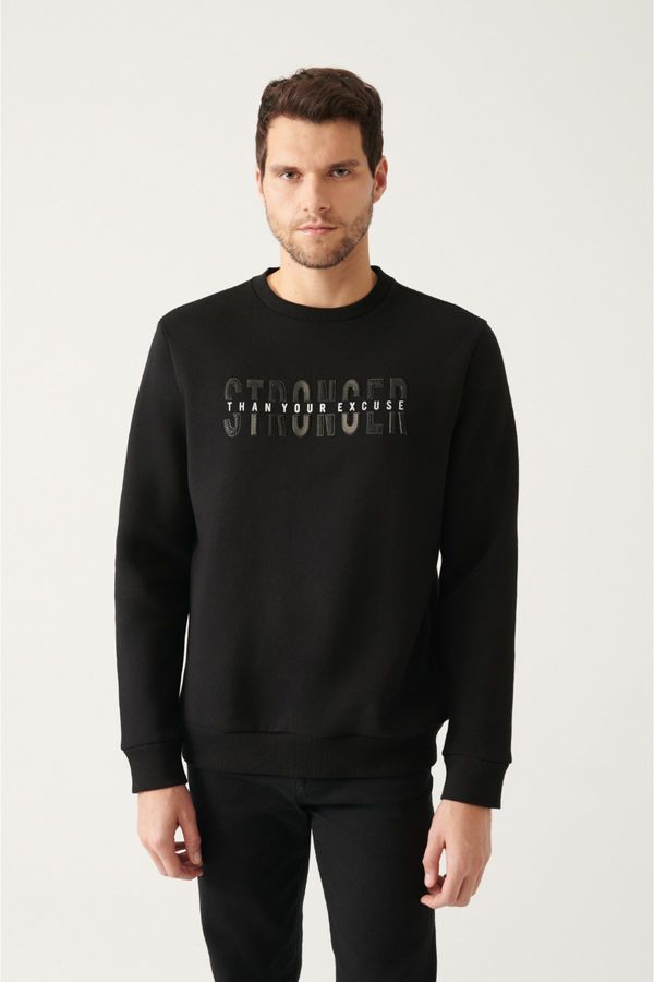 Avva Avva Men's Black Crew Neck 3 Thread Fleece Printed Regular Fit Sweatshirt