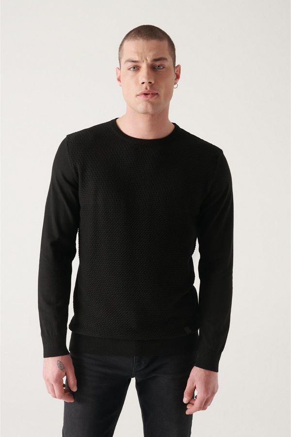 Avva Avva Men's Black Crew Neck Cotton Front Textured Regular Fit Knitwear Sweater