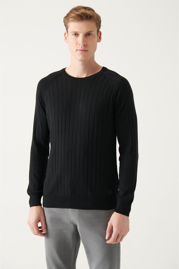 Avva Avva Men's Black Crew Neck Jacquard Slim Fit Slim Fit Knitwear Sweater