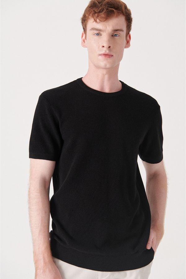 Avva Avva Men's Black Crew Neck Textured Ribbed Regular Fit Knitwear T-shirt