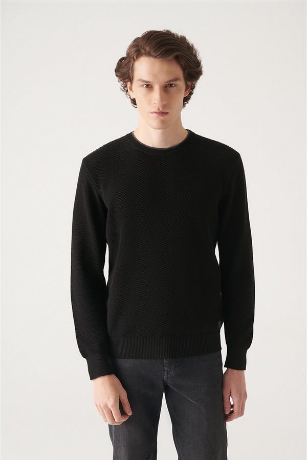 Avva Avva Men's Black Double Collar Detailed Textured Cotton Regular Fit Knitwear Sweater