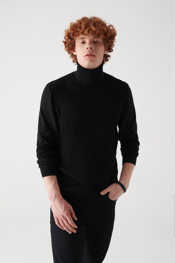 Avva Avva Men's Black Full Turtleneck Front Textured Cotton Standard Fit Regular Cut Knitwear Sweater