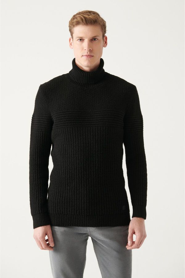 Avva Avva Men's Black Full Turtleneck Textured Regular Fit Knitwear Sweater