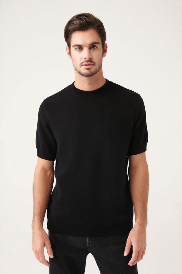 Avva Avva Men's Black High Crew Neck 100% Cotton Ribbed Slim Fit Slim Fit Knitwear T-shirt