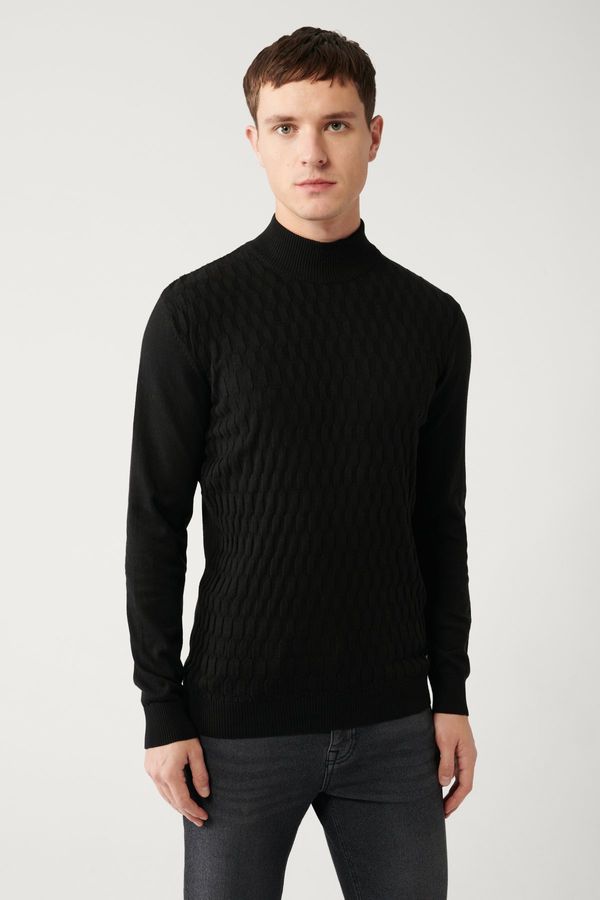 Avva Avva Men's Black Knitwear Sweater Half Turtleneck Front Textured Cotton Regular Fit
