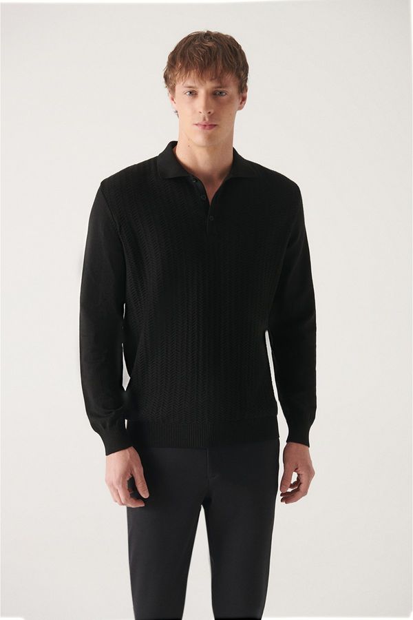 Avva Avva Men's Black Polo Collar Houndstooth Patterned Cotton Regular Fit Knitwear Sweater